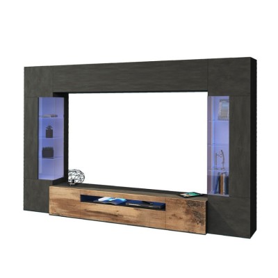 Parete attrezzata TV moderna nera legno 2 vetrine pensile colore antracite opaco Made in Italy