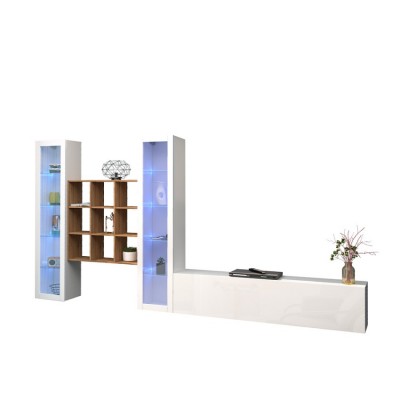 Parete attrezzata bianca mobile TV libreria in legno 2 vetrine colore bianco laccato lucido Made in Italy