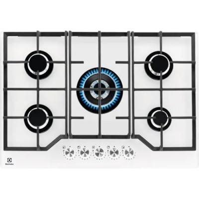 Piano Cottura da Incasso a Gas 75 cm 5 Fuochi Speed Burner Cristallo Temperato Bianco Griglie in Ghisa Manopole Step Power Electrolux KGG75362W
