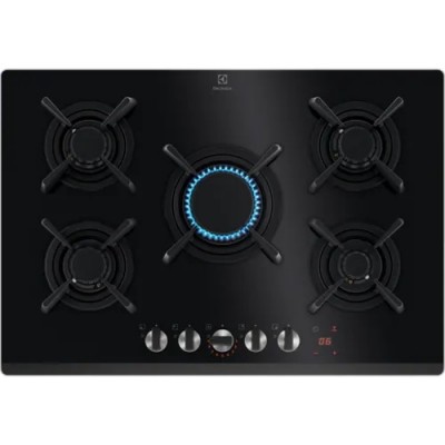 Piano Cottura da Incasso a Gas 75 cm 5 Fuochi Vertical Flame Cristallo Temperato Nero Griglie in Ghisa Manopole StepPower  FlameLight Electrolux KGG753753K