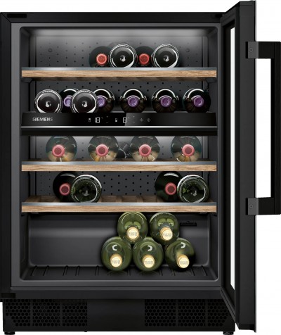 Cantina Vino da Incasso 60 cm Altezza 82 cm Sottotop Classe G 44 Bottiglie 2 Temperature Porta In Vetro Nero iQ500 Siemens KU21WAHG0