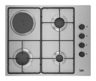 Piano Cottura Misto 60 cm 3 Fuochi Gas 1 Piastra Elettrica Griglie Smaltate Acciaio Inox Beko HIGM64123SX  - HIGM64123SX