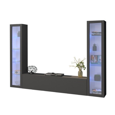 Parete attrezzata mobile TV sospesa design moderno nera 2 vetrine colore antracite opaco Made in Italy