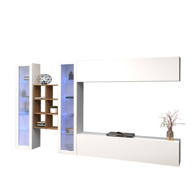 Parete attrezzata bianca pensile mobile TV sospeso libreria 2 vetrine colore bianco laccato lucido Made in Italy