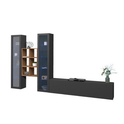 Parete attrezzata moderna sospesa mobile TV libreria legno 2 vetrine colore antracite opaco Made in Italy