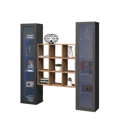 Parete attrezzata soggiorno 2 vetrine libreria in legno moderna colore antracite opaco Made in Italy