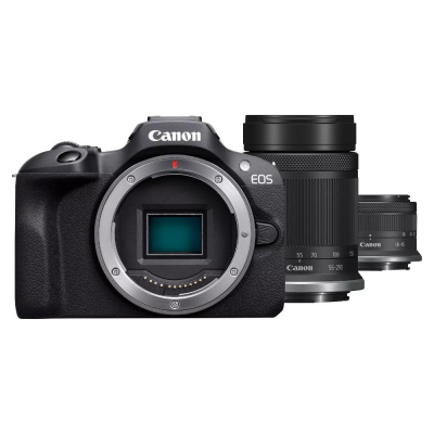 Fotocamera mirrorless 24Mpx EOS R100 Kit RF S 18 45mm F4.5 6.3 IS STM + RF S 55 200mm F5 7.1 IS STM Black Canon 6052C023