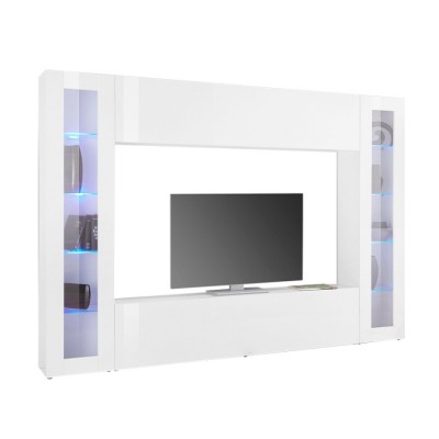 Parete attrezzata soggiorno porta TV pensile sospeso 2 vetrine color bianco laccato lucido Made in Italy