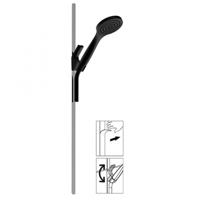 Doccia saliscendi con lastra in acciaio inox spazzolato, 17x700mm, doccetta, supporto reggidoccia MAGNETICO a due posizioni, flessibile in PVC nero opaco con calotta conica antitorsione 1/2” Inox serie Saliscendi Paini 50A1129YOMAS