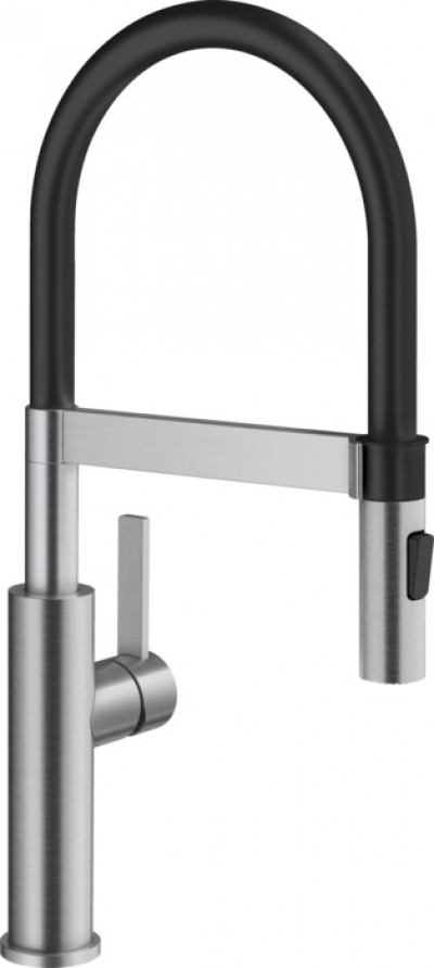 Blanco SONEA-S Flexo 1526616 Miscelatore da Cucina Monocomando con Canna flessibile in gomma nera Doccetta flessibile in gomma nera Variazione del getto doccetta con supporto magnetico Acciaio Massiccio Spazzolato