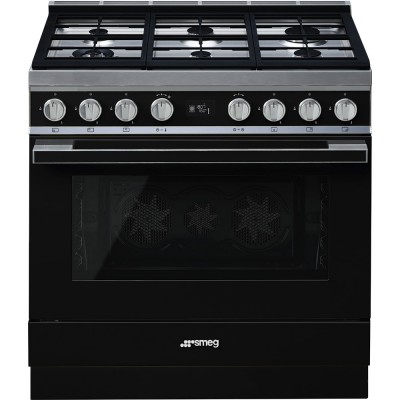 Cucina con piano cottura Gas 6 Fuochi Forno Elettrico 90 x 60 cm Nero Estetica Portofino SMEG CPF9GPBL