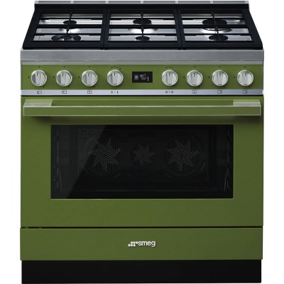 Cucina con piano cottura Gas 6 Fuochi Forno Elettrico 90 x 60 cm Verde oliva Estetica Portofino SMEG CPF9GPOG