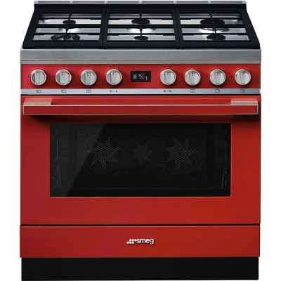 Cucina con piano cottura Gas 6 Fuochi Forno Elettrico 90 x 60 cm Rosso Estetica Portofino SMEG CPF9GPYW