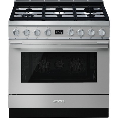 Cucina con piano cottura Gas 6 Fuochi Forno Elettrico 90 x 60 cm Acciaio Inox Estetica Portofino SMEG CPF9GPX