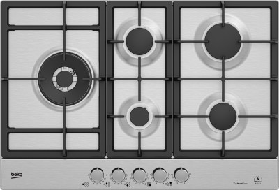 Piano Cottura da Incasso 75 cm 5 Fuochi Gas FlameAdjust Wok a sinistra Acciaio Inox PractiClean Griglie in ghisa Beko HIAL75226SXE