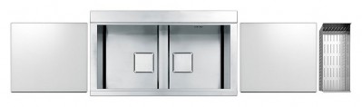 Lavello da Incasso 2 Vasche Flat Semifilo 86 x 50 cm Acciaio Inox con Tagliere in Vetro Bianco e Colino Serie Eleganza Apell PD862IKITW