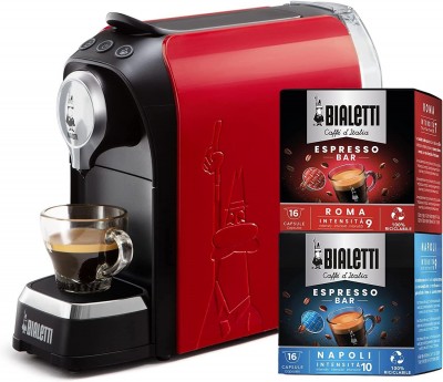 Macchina Caffe' Espresso per Capsule in Alluminio Incluse 32 Capsule Super compatta Serbatoio 500 ml Bialetti Super Rosso